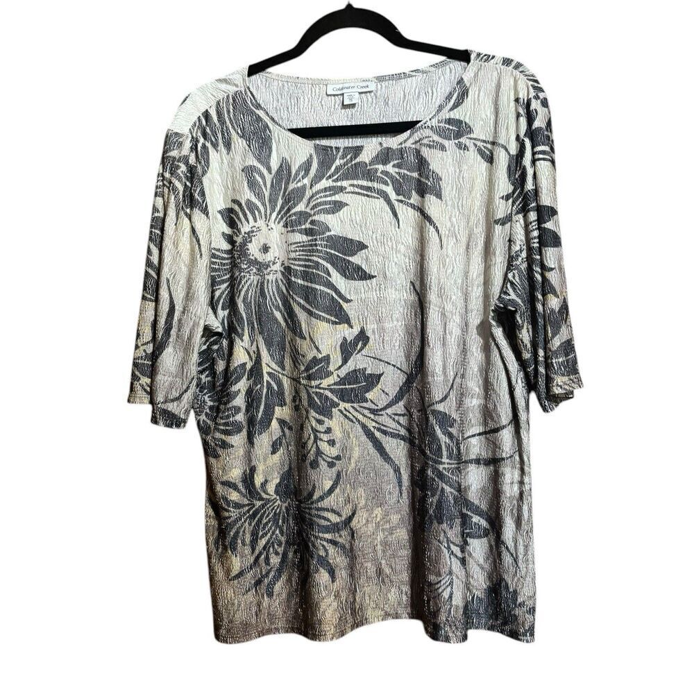 Coldwater Creek Tunic Top XL 18 Multicolor Floral Art To Wear Crinkle Blouse